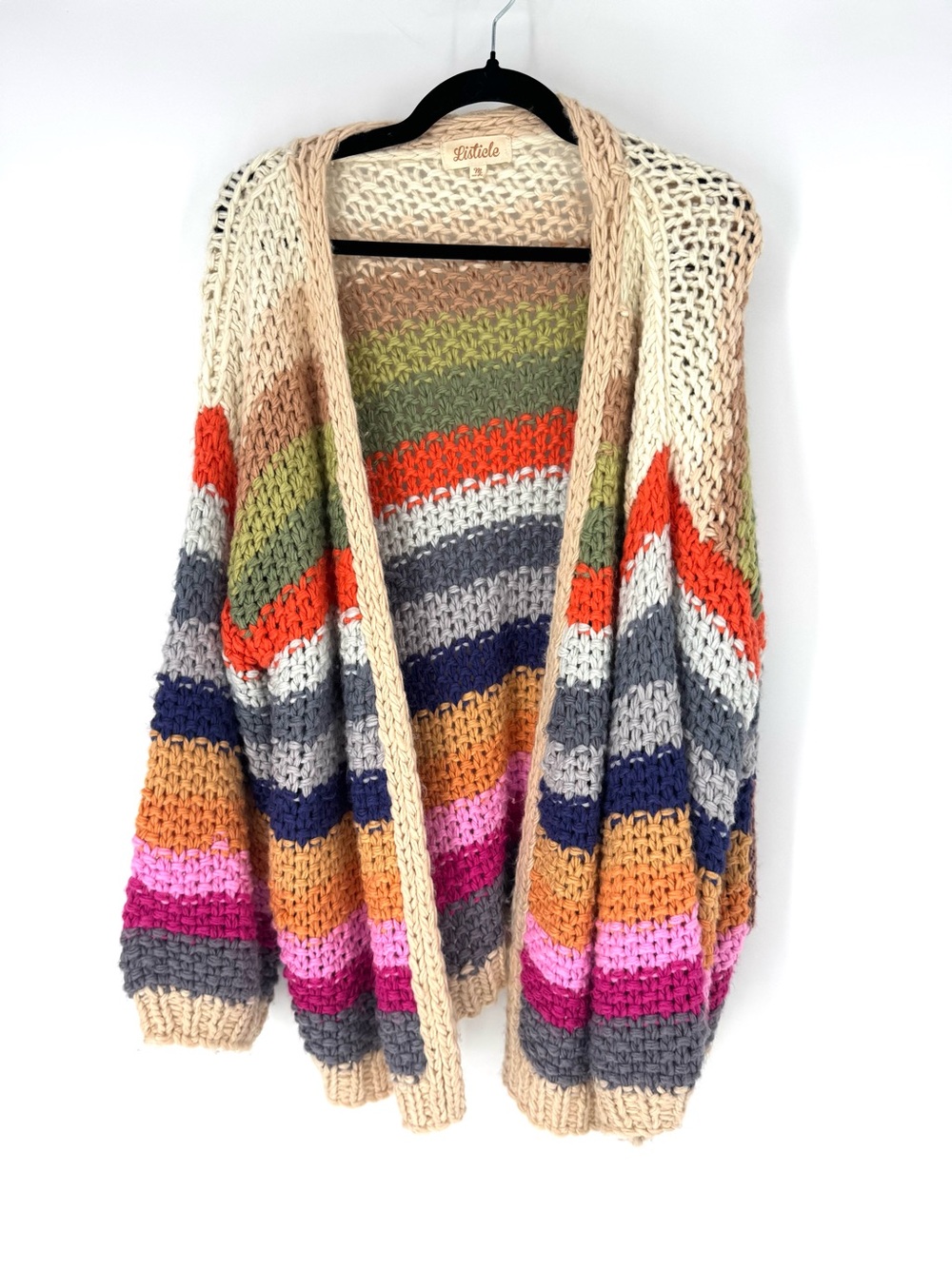 Listicle crochet, retro whimsy Cream Open-Knit Cardigan with Multicolor Stripes